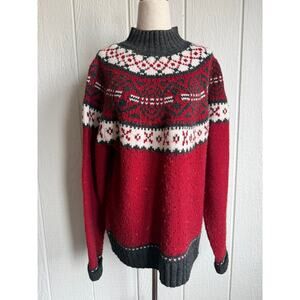 Vintage St Johns Bay Fair Isle Sweater Large Tall Red Nordic Mock Neck Wool